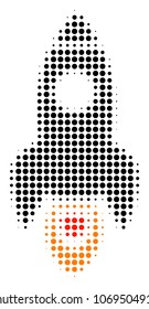 Space Rocket halftone vector pictogram. Illustration style is dotted iconic Space Rocket icon symbol on a white background. Halftone texture is round points.