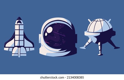 space rocket and helmet with satellite icons