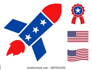 Space rocket icon in blue and red colors with stars. Space rocket illustration style uses American official colors of Democratic and Republican political parties, and star shapes.