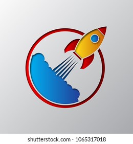 The space rocket icon carved from paper. Vector illustration. Paper art of the colored space rocket, isolated.