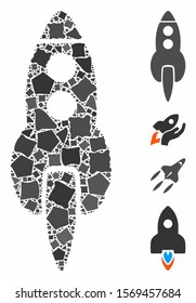 Space rocket icon composition of joggly items in various sizes and color tones, based on space rocket icon. Vector bumpy pieces are united into composition.