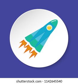 Space rocket icon in flat style on round button. Spaceship symbol isolated on white background