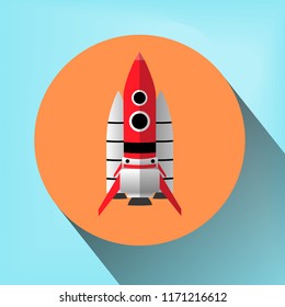 space rocket icon in flat style in orange circle with a along shadow