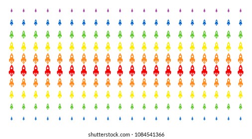 Space Rocket icon rainbow colored halftone pattern. Vector items arranged into halftone grid with vertical spectrum gradient. Constructed for backgrounds, covers, templates and abstraction concepts.
