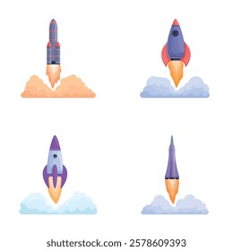 Space rocket icons set cartoon vector. Rocket launch and fire flame. Aviation and space