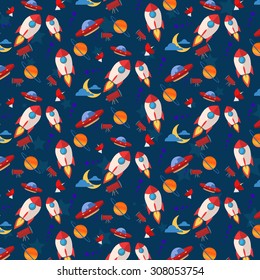 Space rocket illustration on a blue background pattern.