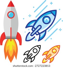 Ilustração de foguete de espaço definida em estilo plano e de contorno | Cartoon Rocket Ship Vetor Bundle