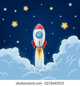 space rocket illustration with smoke trail and stars