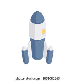 Space rocket, isometric icon. Starship ready launch with yellow illuminator. Travel distant galaxies and explore new worlds. Launch new successful startup with creative approach vector illustration.