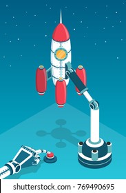 Space rocket just before the launch and the robot's hand pressing the start button. 3d isometric vector illustration.