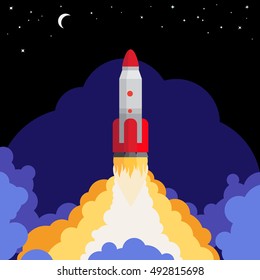 Space rocket launch against the night sky background vector illustration