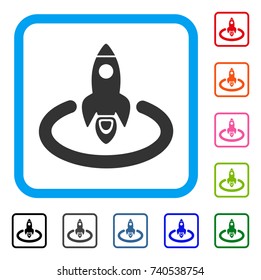 Space Rocket Launch Area icon. Flat gray pictogram symbol inside a light blue rounded rectangle. Black, gray, green, blue, red, orange color variants of Space Rocket Launch Area vector.