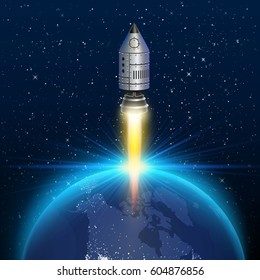 Space rocket launch, Rocket background, Rocket 3d cover, Vector illustration