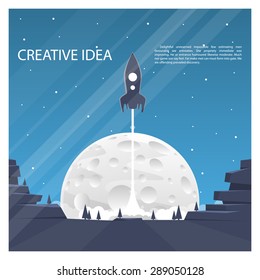 Space rocket launch, Rocket background, Rocket product cover, Startup creative idea, rocket on a background of the moon, Vector illustration