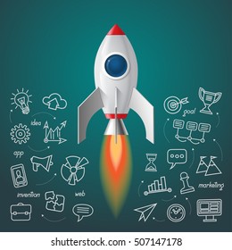 Space rocket launch. Business project start up concept. Soaring spaceship with the set of doodle icons of marketing strategy, launching new innovation product, creative start on market