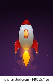 Space rocket launch. Cartoon illustration of the flying rocket. Spaceship flying.