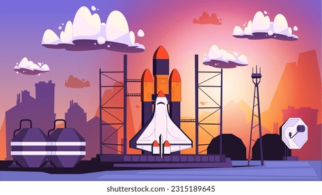 Space rocket launch composition. Cartoon space shuttle with crew and cargo rocket, space exploration concept background. Vector illustration. Cosmic mission, takeoff from station, discovery