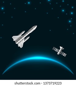 Space Rocket Launch, Cosmos Starry Background with Space Shuttle - Illustration Vector