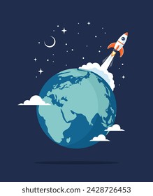 Space rocket launch from Earth globe into space, flat vector illustration