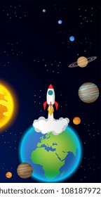 space rocket launch from the earth to our solar system which light starts, asteroid belt and universe on dark background. vector illustration
