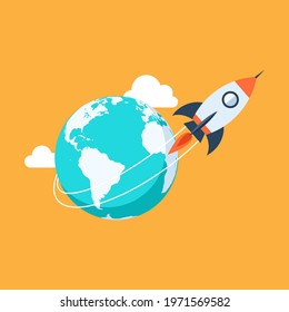 Space rocket launch , and earth. Starting rocket