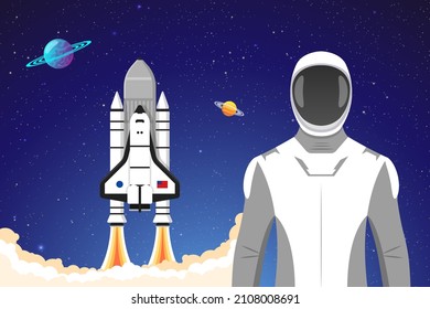 Space rocket launch and flies Astronaut exploring outer space. Cosmonaut in spacesuit