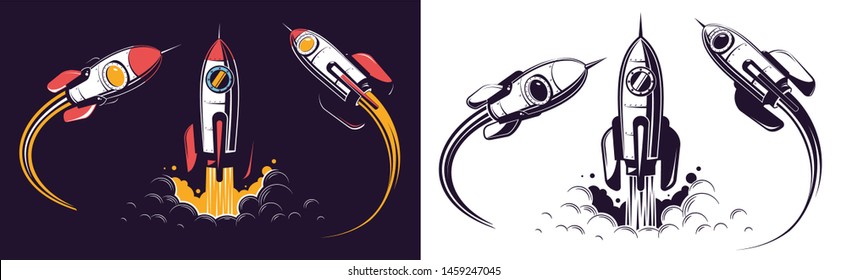 Space rocket launch and flies. Rocketship retro vintage vector illustration.