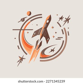 Space rocket launch and flies. Rocketship retro vintage color vector illustration. vector logo design