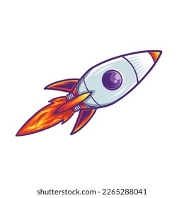 Space rocket launch and flies at sky. Rocket ship uphill symbol of bullish market, business uptrend. Spacecraft cartoon vector illustration.