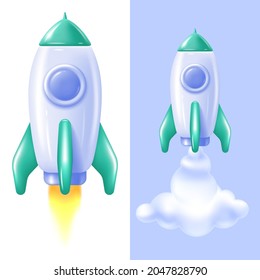 Space Rocket launch and fly. 3d illustration in minimalist style. Bright icon isolated on white. Concept of successful business project start up or development process. Vector.