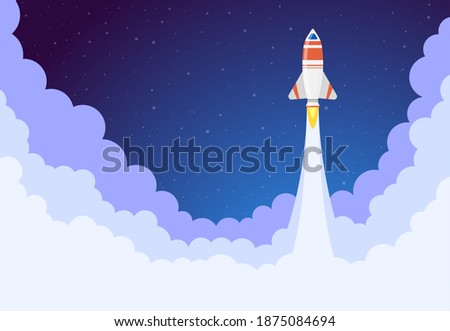 Space rocket launch. Flying spacecraft ship, aerospace shuttle start, aerospace rocket launching. Development concept vector illustration. Illustration launch rocket, spaceship flight