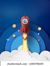 Space rocket launch and galaxy .paper art style.