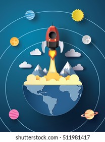 Space Rocket Launch And Galaxy .paper Art And  Digital Craft Style.