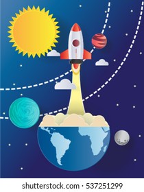 Space rocket launch and galaxy .paper art style.