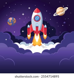 Space rocket launch and galaxy vector with smoke and clouds design template