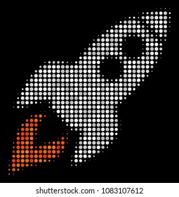 Space rocket launch halftone vector icon. Illustration style is dotted iconic space rocket launch symbol on a black background. Halftone matrix is made from round pixels.