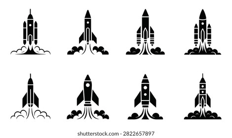Space rocket launch icons set showing powerful liftoff