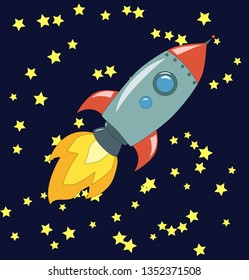 Space rocket launch. illustration of starting space rocket with smoke clouds on dark night sky background.