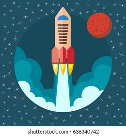 Space rocket launch with Mars in the background. Project startup and development process concept. 
