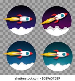 space rocket launch model icon set and flame on night sky and smoke backgruond. logo or banner