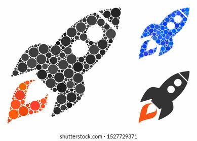 Space rocket launch mosaic of small circles in variable sizes and color tones, based on space rocket launch icon. Vector random circles are grouped into blue mosaic.