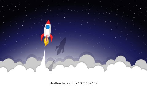 space rocket launch to the night sky, stars and clouds on background. vector paper art or paper cut concept