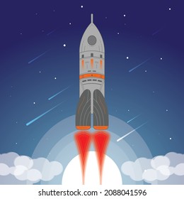 Space rocket launch in the night sky flying above the clouds on the background of the moon and shooting stars. concept business. simple modern cartoon design. Flat style vector illustration.