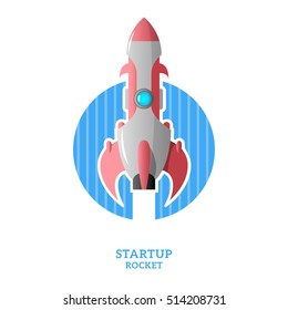 Space rocket launch on blue circle with stripes. 