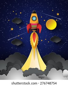 Space rocket launch on full moon. Vector illustration paper art style.