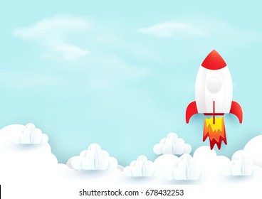 Space rocket launch over sky clouds. Start up concept. Paper art and craft style