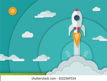 Space rocket launch in paper art style. Start up business concept. A4 size vector illustration.