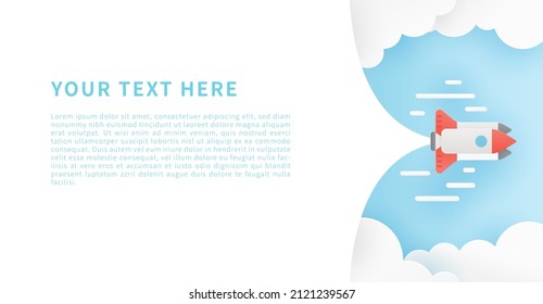 Space rocket launch. Paper art of rocket flying to the sky. Design for banner, flyer, background, poster. Paper cut style. Vector illustration.