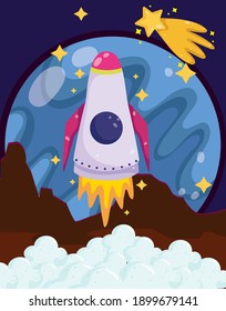 space rocket launch from planet surface shooting star cartoon vector illustration