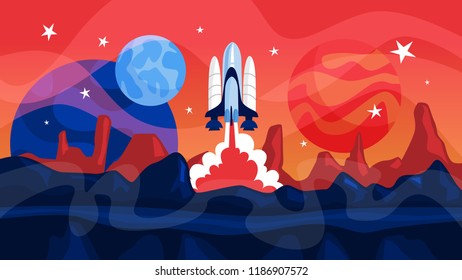 Space rocket launch with planets on the background. Idea of space research and exploration. Construction takes off after countdown. Flat vector illustration